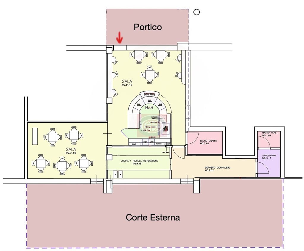 Cesena-VIGNE-Vendita di  negozio in zona di forte passaggio, Attrezzato a Bar, ma libero a breve, in ottimo stato,  con due bagni ed ampia corte privata pavimentata e portico.